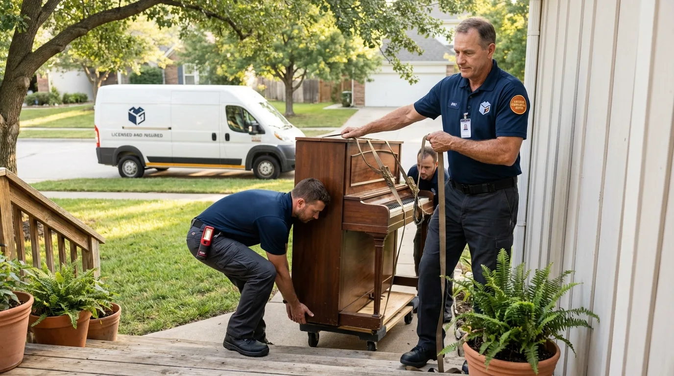 Licensed piano movers securing grand piano in Lonaconing, MD