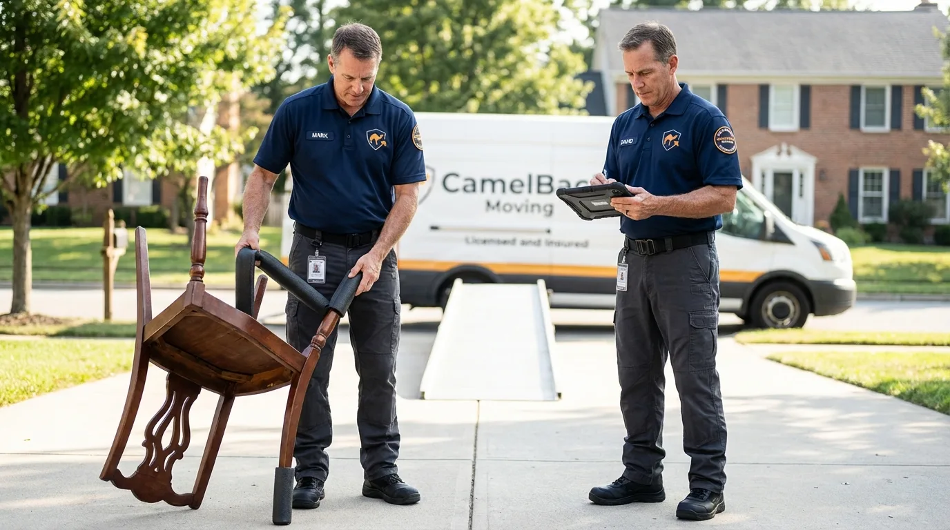 Movers inspecting furniture for damage prevention before loading in Lonaconing, MD