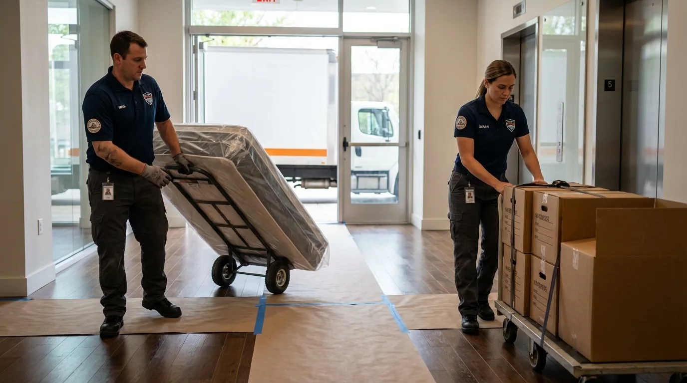 Professional apartment movers loading elevator in Lonaconing, MD