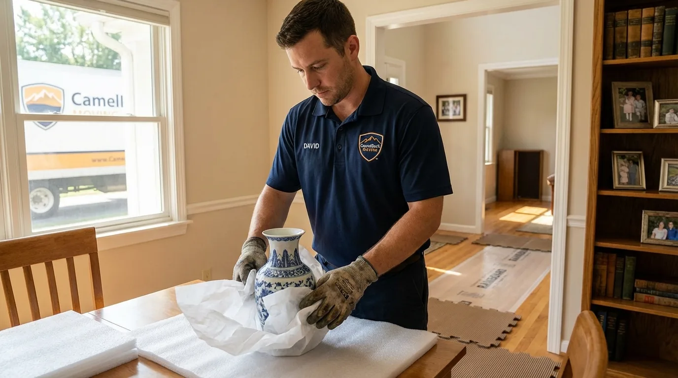 Professional crew carefully wrapping antique vase for senior downsizing move in Lonaconing, MD